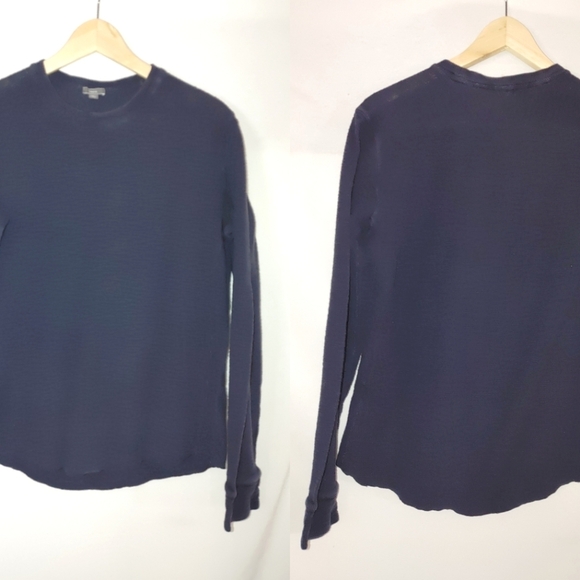 Vince Long Sleeve Crew Neck Shirt Waffle Textured Thermal Knit Navy Blue Medium - Picture 1 of 7